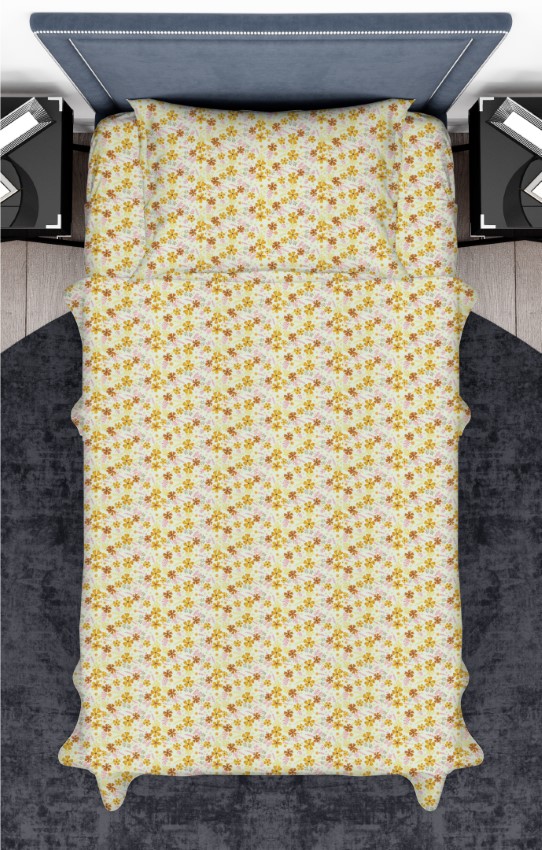 Mustard Floral Single Bedsheet Set with 1 Pillow cover and Bag